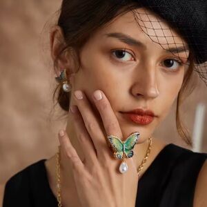 Art Nouveau Butterfly Pearl Jewelry Ring&Earrings Set